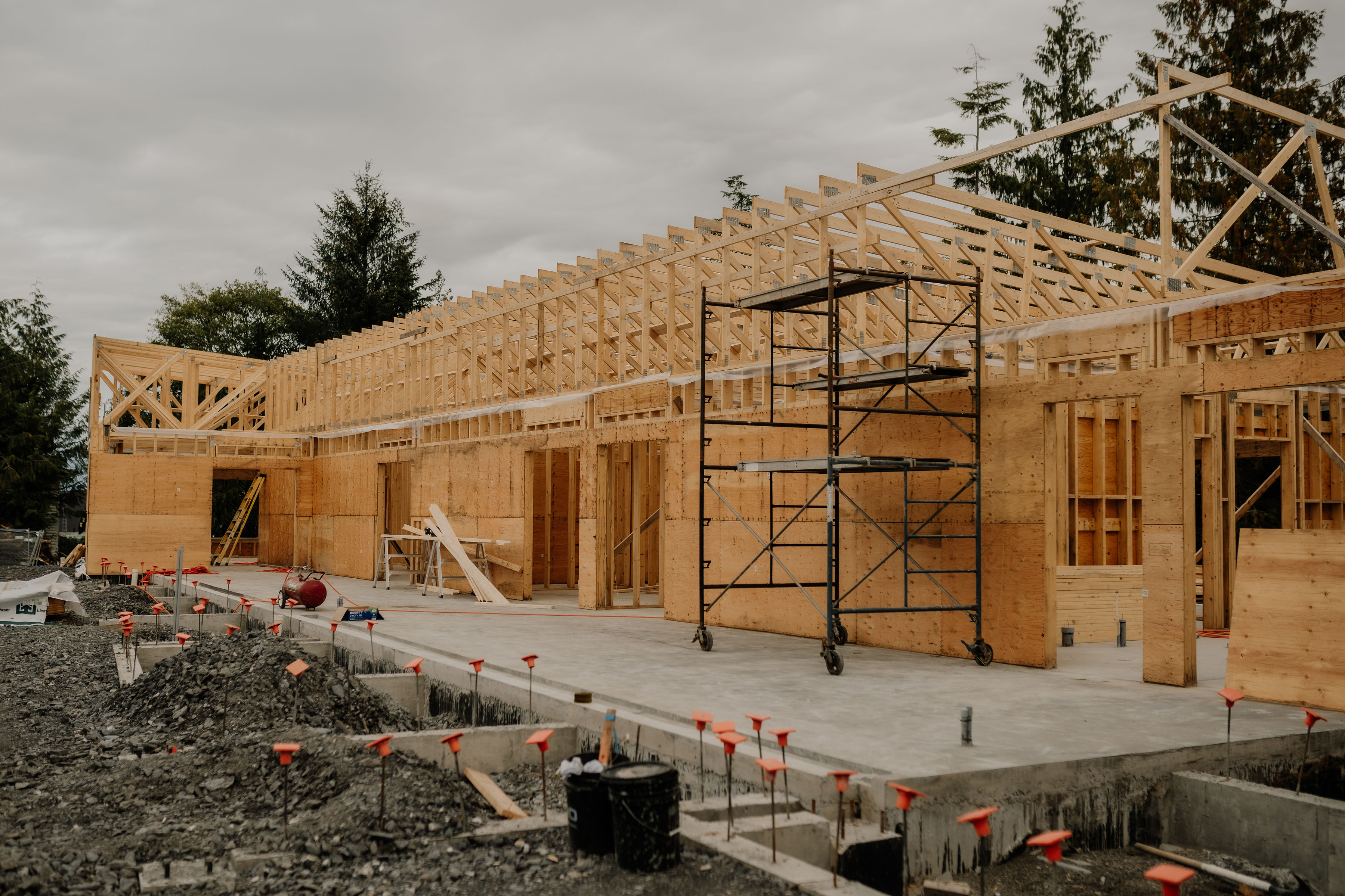 Timber walls and roof trusses on a construction site